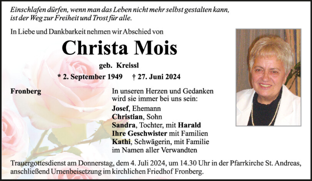  Traueranzeige für Christa Mois vom 01.07.2024 aus Mittelbayerische Zeitung Schwandorf