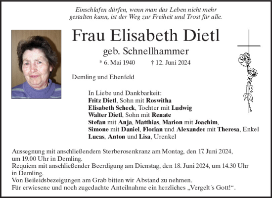 Traueranzeige von Elisabeth Dietl von Mittelbayerische Zeitung Regensburg