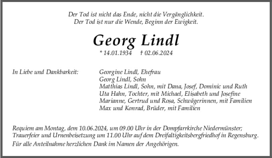 Traueranzeige von Georg Lindl von Mittelbayerische Zeitung Regensburg