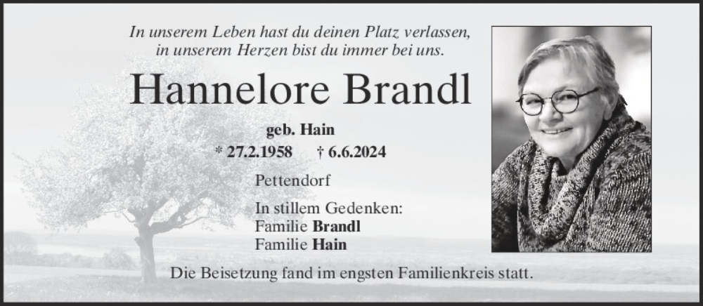  Traueranzeige für Hannelore Brandl vom 15.06.2024 aus Mittelbayerische Zeitung Regensburg