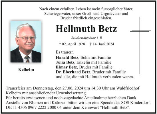 Traueranzeige von Hellmuth Betz von Mittelbayerische Zeitung Kelheim