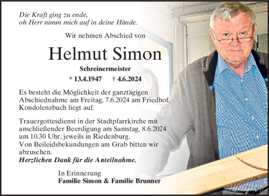 Traueranzeige von Helmut Simon von Mittelbayerische Zeitung Kelheim