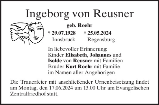 Traueranzeige von Ingeborg von Reusner von Mittelbayerische Zeitung Regensburg