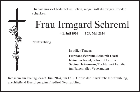 Traueranzeige von Irmgard Schreml von Mittelbayerische Zeitung Regensburg