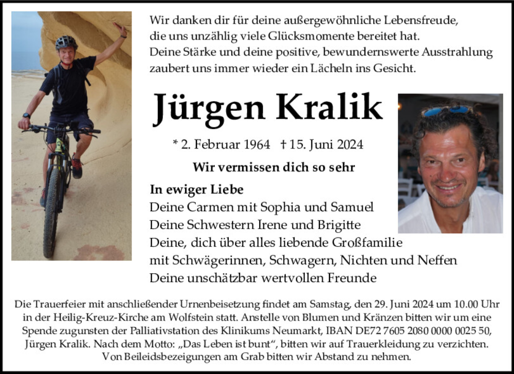  Traueranzeige für Jürgen Kralik vom 22.06.2024 aus Neumarkter Tagblatt