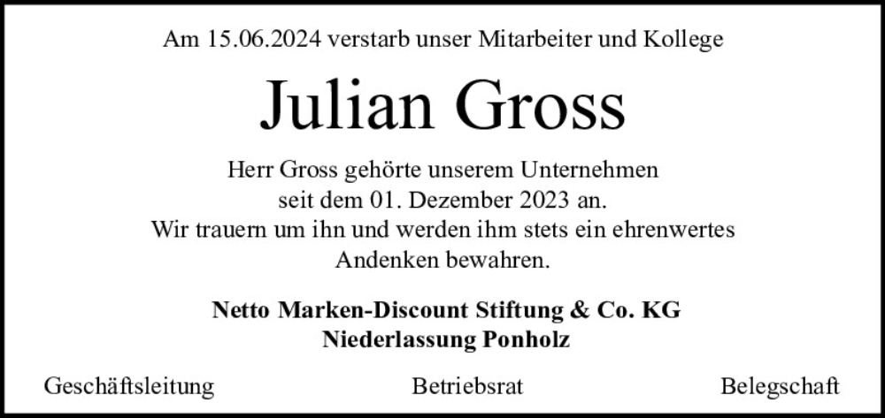  Traueranzeige für Julian Gross vom 01.07.2024 aus Mittelbayerische Zeitung Regensburg