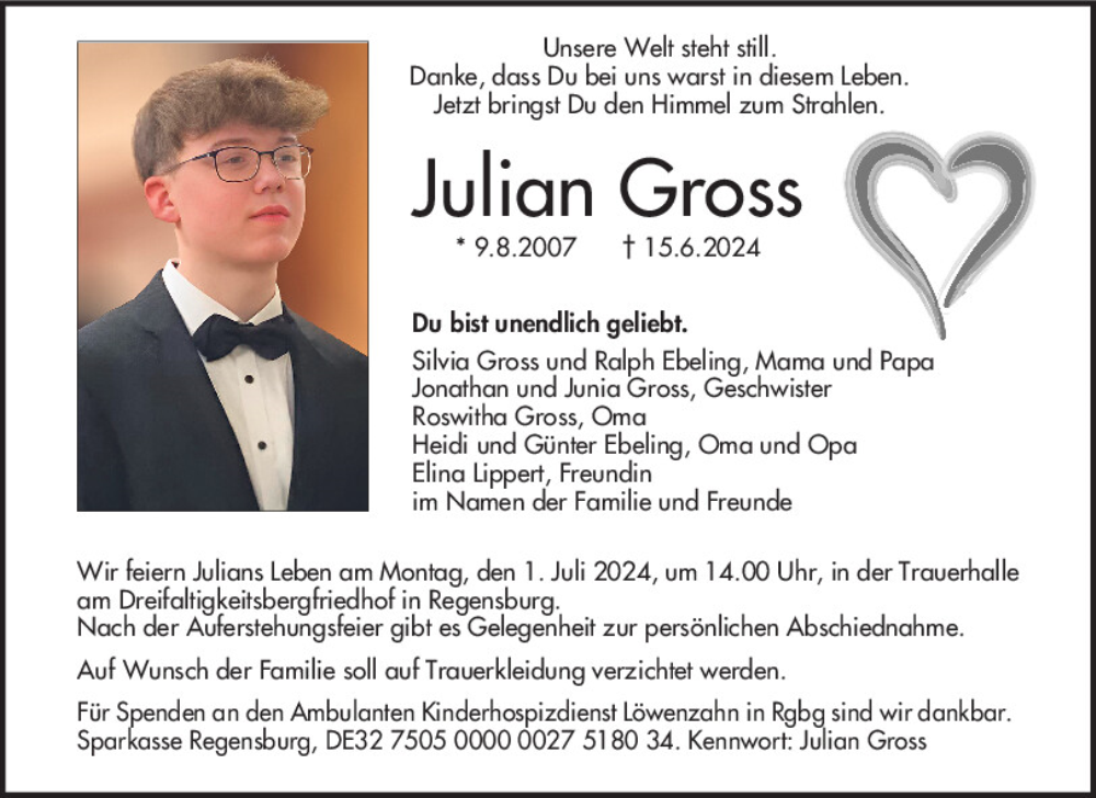  Traueranzeige für Julian Gross vom 29.06.2024 aus Mittelbayerische Zeitung Regensburg