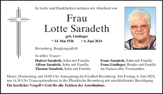 Traueranzeige von Lotte Saradeth von Mittelbayerische Zeitung Regensburg