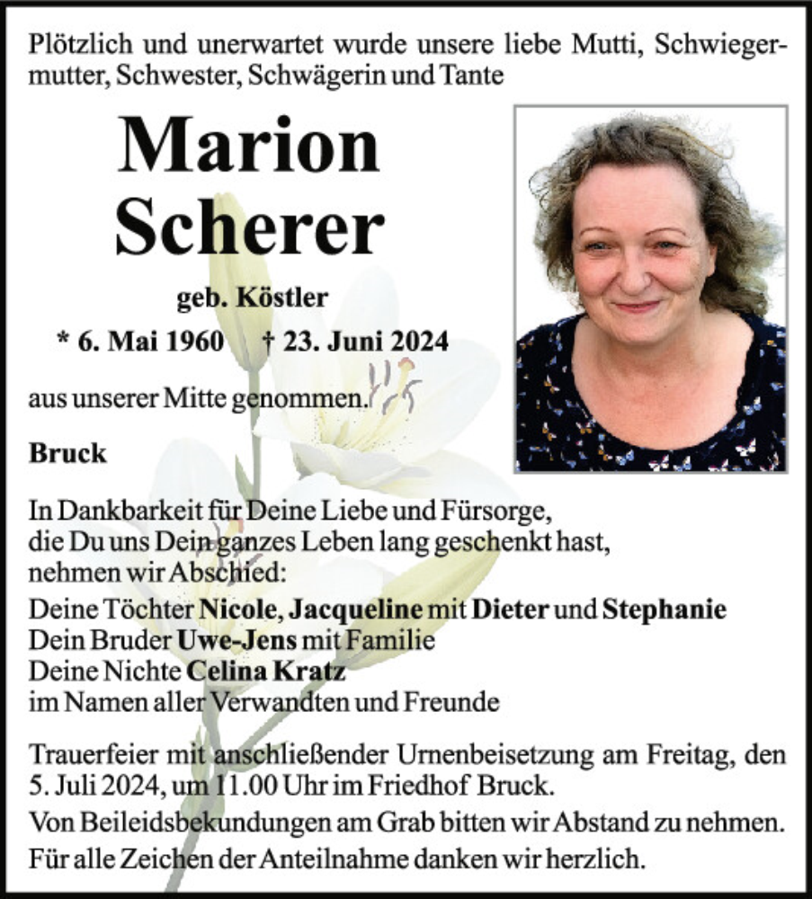  Traueranzeige für Marion Scherer vom 29.06.2024 aus Mittelbayerische Zeitung Schwandorf