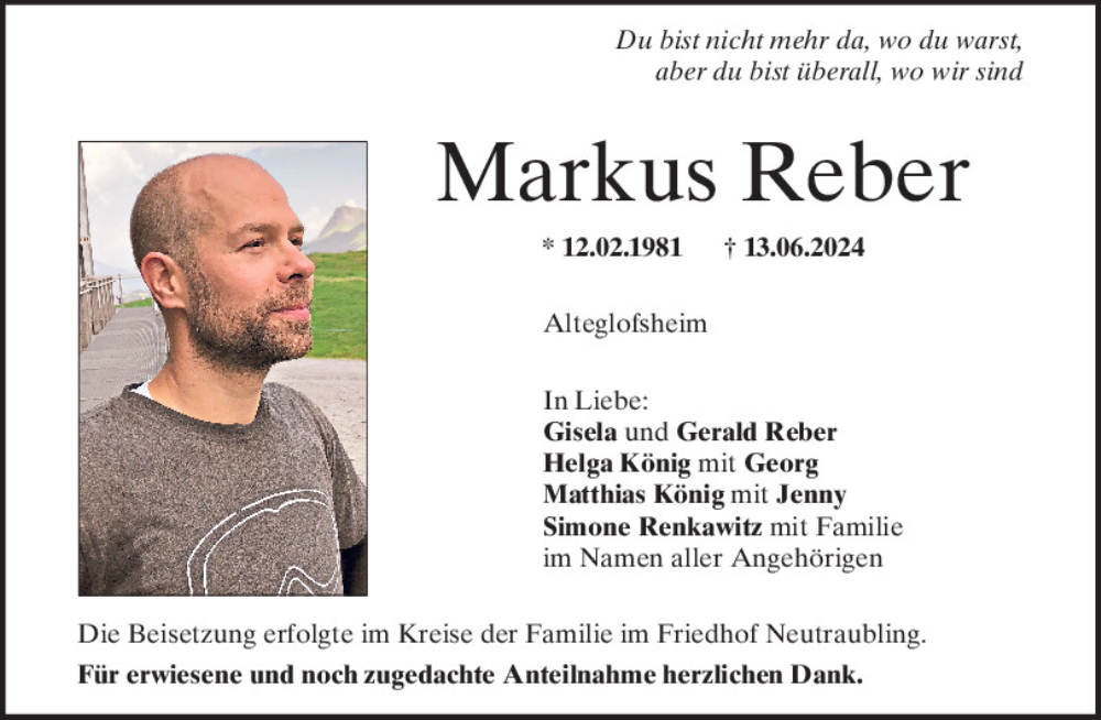  Traueranzeige für Markus Reber vom 26.06.2024 aus Mittelbayerische Zeitung Regensburg