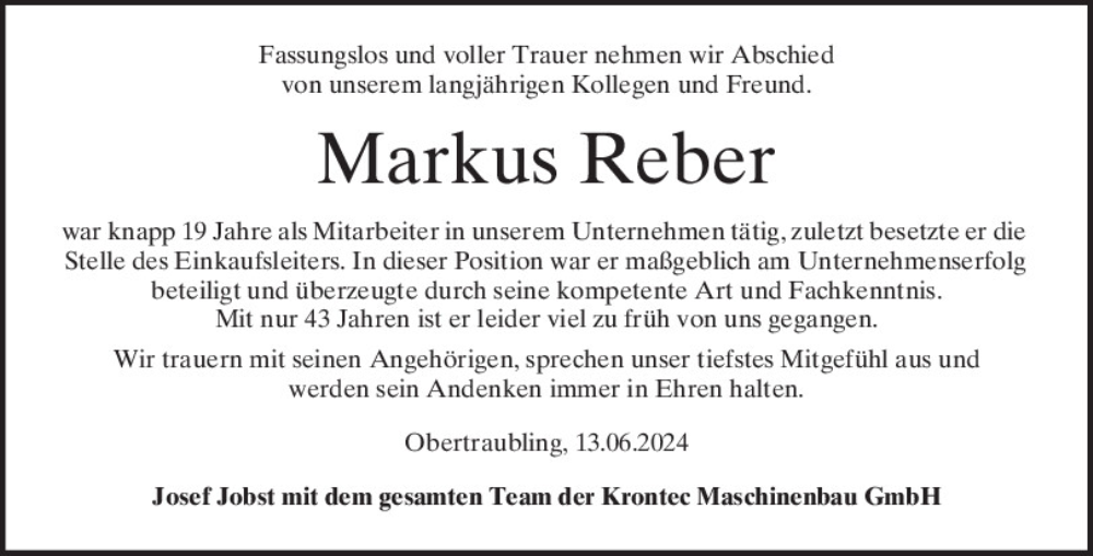  Traueranzeige für Markus Reber vom 26.06.2024 aus Mittelbayerische Zeitung Regensburg