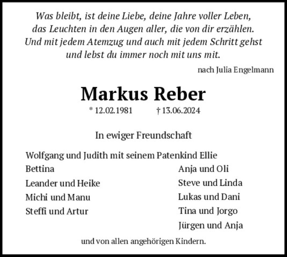  Traueranzeige für Markus Reber vom 26.06.2024 aus Mittelbayerische Zeitung Regensburg