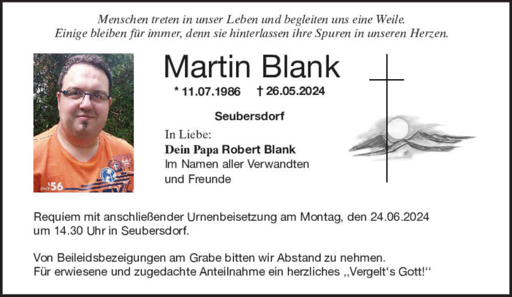  Traueranzeige für Martin Blank vom 20.06.2024 aus Neumarkter Tagblatt