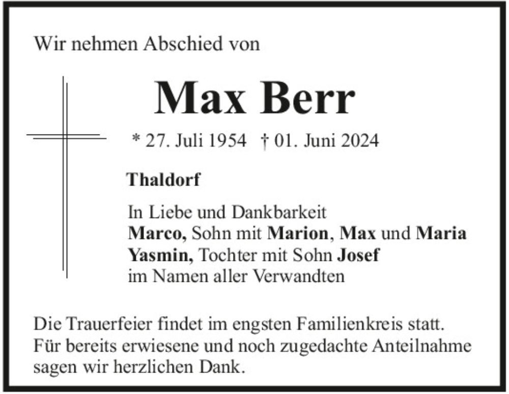  Traueranzeige für Max Berr vom 08.06.2024 aus Mittelbayerische Zeitung Kelheim