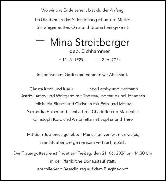 Traueranzeige von Mina Streitberger von Mittelbayerische Zeitung Regensburg