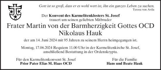 Traueranzeige von Nikolaus Hauk von Mittelbayerische Zeitung Regensburg
