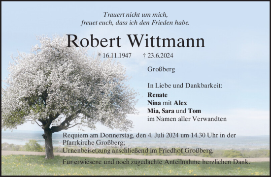 Traueranzeigen von Robert Wittmann | Mittelbayerische Trauer