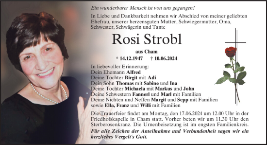 Traueranzeige von Rosi Strobl von Bayerwald Echo