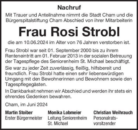 Traueranzeige von Rosi Strobl von Bayerwald Echo