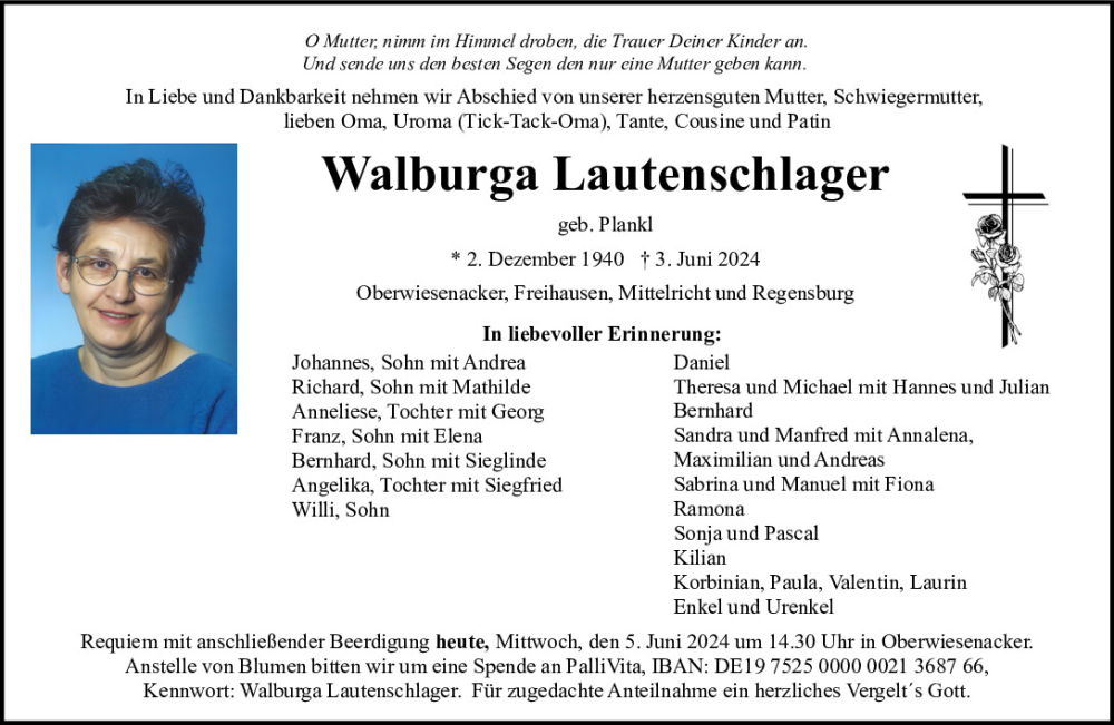  Traueranzeige für Walburga Lautenschlager vom 05.06.2024 aus Neumarkter Tagblatt