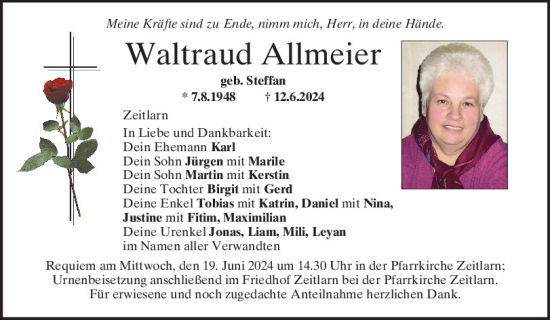 Traueranzeige von Waltraud Allmeier von Mittelbayerische Zeitung Regensburg