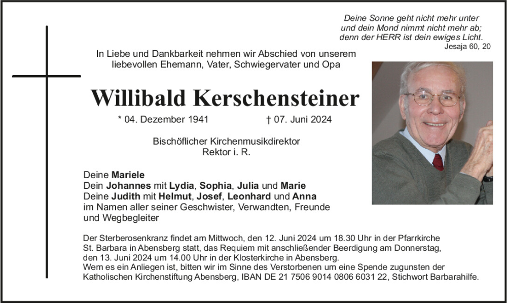  Traueranzeige für Willibald Kerschensteiner vom 11.06.2024 aus Mittelbayerische Zeitung Kelheim