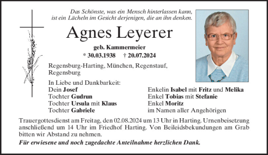 Traueranzeige von Agnes Leyerer von Mittelbayerische Zeitung Regensburg