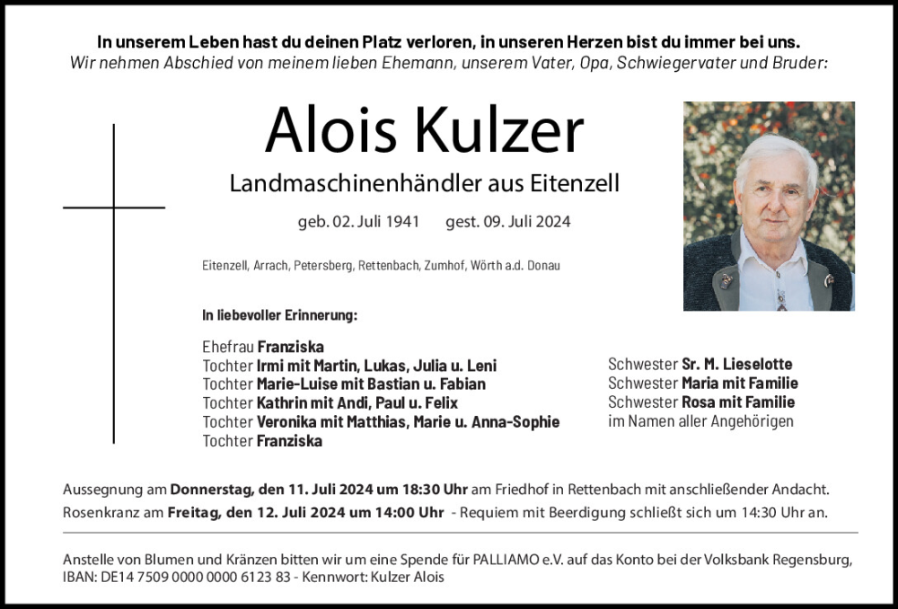  Traueranzeige für Alois Kulzer vom 10.07.2024 aus Bayerwald Echo