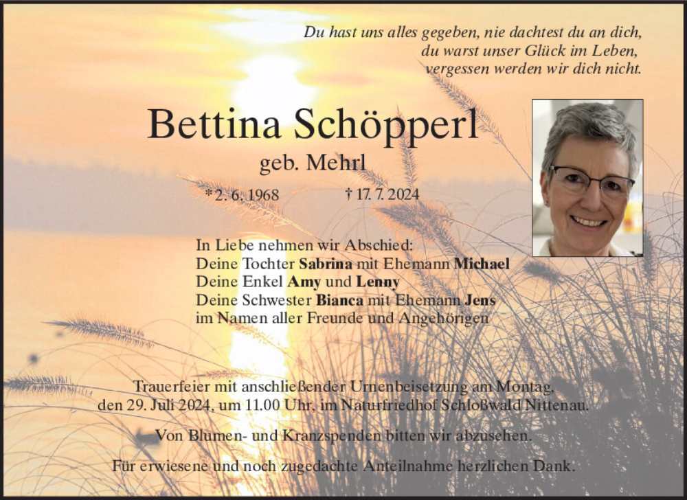  Traueranzeige für Bettina Schöpperl vom 24.07.2024 aus Mittelbayerische Zeitung Regensburg