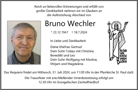 Traueranzeige von Bruno Wechler von Mittelbayerische Zeitung Regensburg
