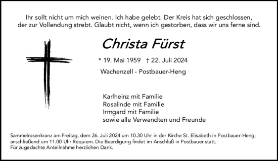 Traueranzeige von Christa Fürst von Neumarkter Tagblatt