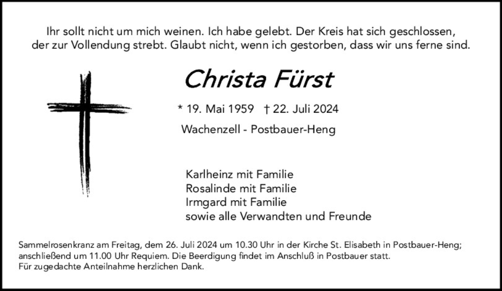  Traueranzeige für Christa Fürst vom 24.07.2024 aus Neumarkter Tagblatt