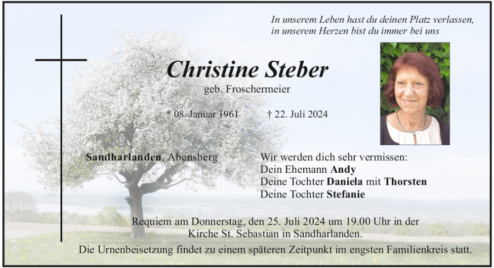  Traueranzeige für Christine Steber vom 24.07.2024 aus Mittelbayerische Zeitung Kelheim