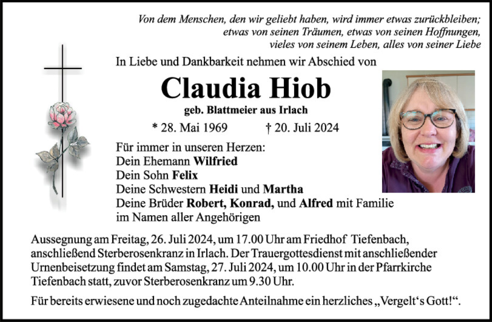  Traueranzeige für Claudia Hiob vom 25.07.2024 aus Bayerwald Echo