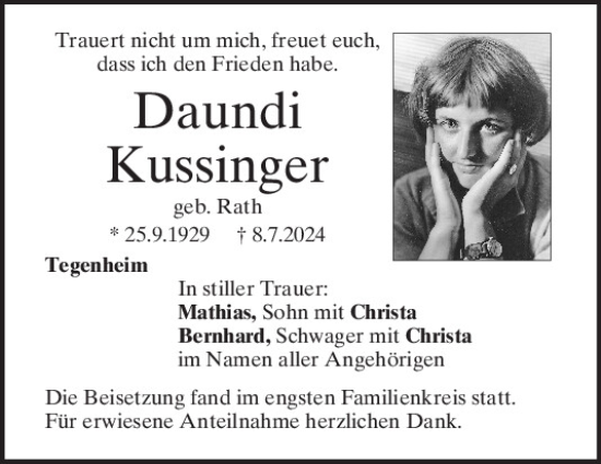 Traueranzeige von Daundi Kussinger von Mittelbayerische Zeitung Regensburg