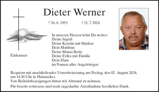 Traueranzeige von Dieter Werner von Mittelbayerische Zeitung Regensburg