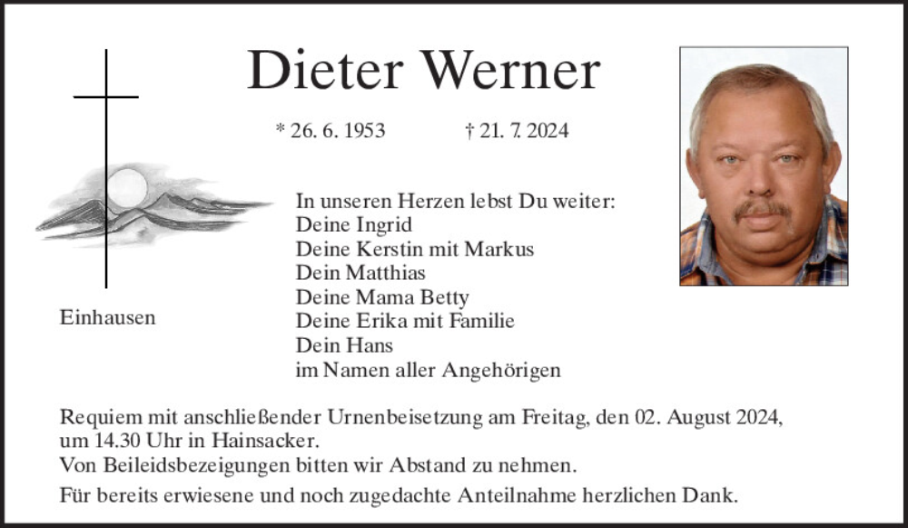  Traueranzeige für Dieter Werner vom 27.07.2024 aus Mittelbayerische Zeitung Regensburg