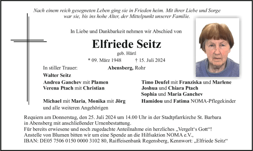  Traueranzeige für Elfriede Seitz vom 23.07.2024 aus Mittelbayerische Zeitung Kelheim