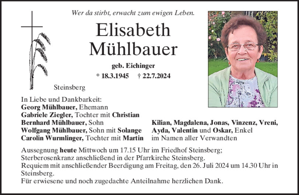  Traueranzeige für Elisabeth Mühlbauer vom 24.07.2024 aus Mittelbayerische Zeitung Regensburg