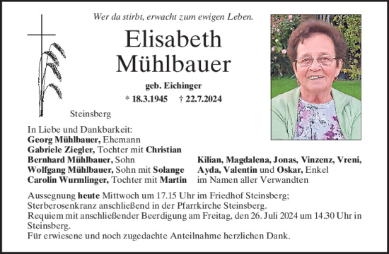 Traueranzeige von Elisabeth Mühlbauer von Mittelbayerische Zeitung Regensburg