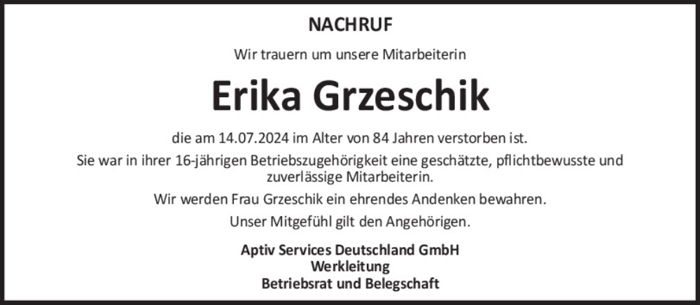  Traueranzeige für Erika Grzeschik vom 23.07.2024 aus Neumarkter Tagblatt