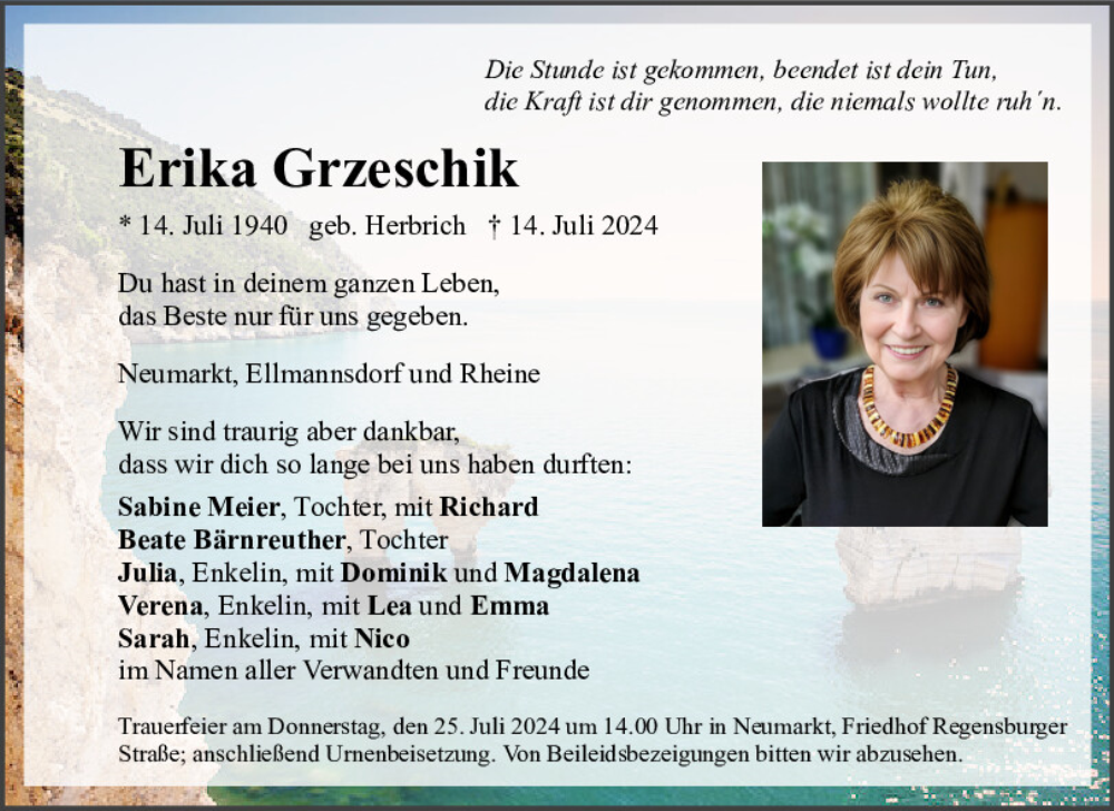  Traueranzeige für Erika Grzeschik vom 22.07.2024 aus Neumarkter Tagblatt