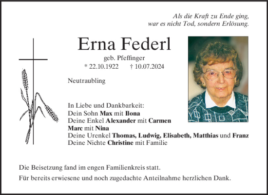 Traueranzeige von Erna Federl von Mittelbayerische Zeitung Regensburg