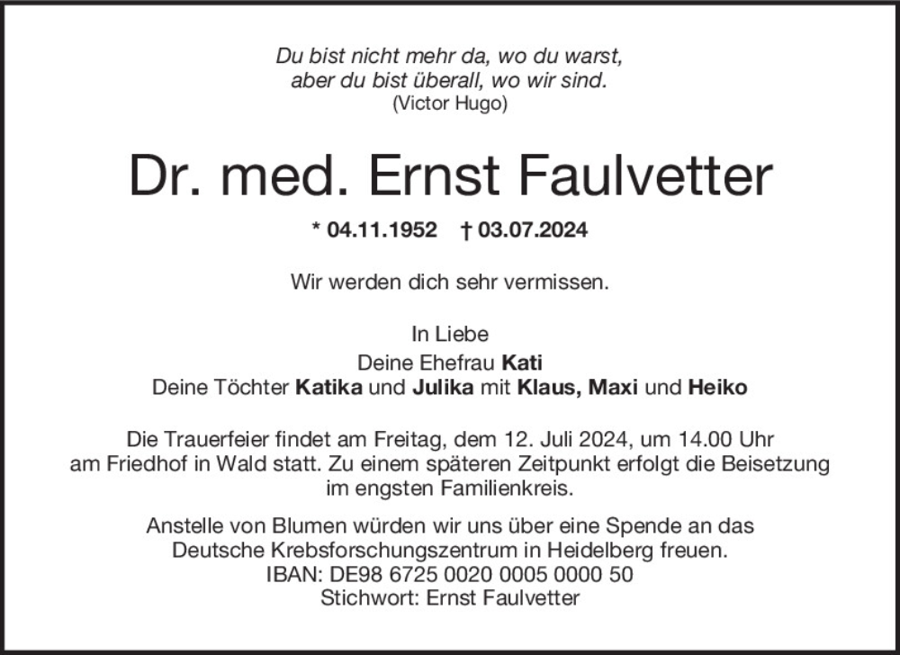  Traueranzeige für Ernst Faulvetter vom 10.07.2024 aus Mittelbayerische Zeitung Regensburg