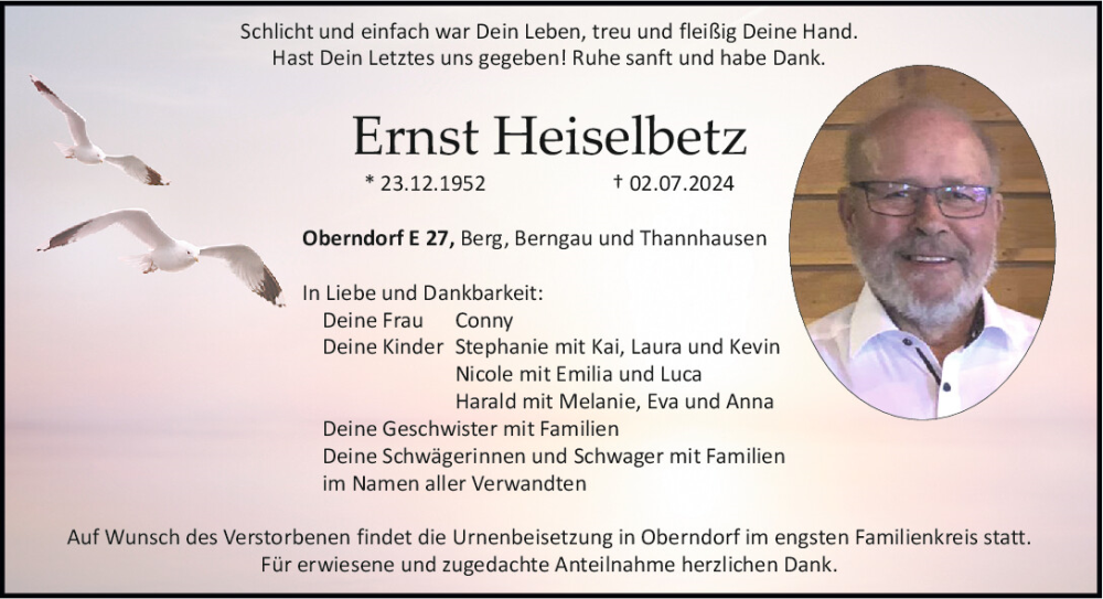  Traueranzeige für Ernst Heiselbetz vom 04.07.2024 aus Neumarkter Tagblatt