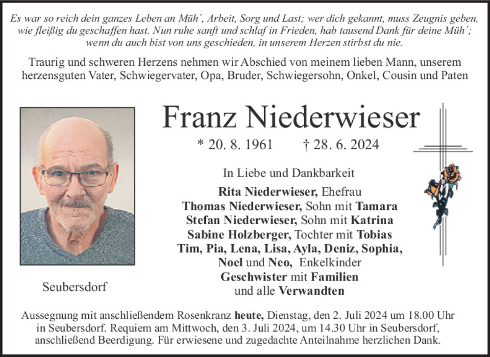  Traueranzeige für Franz Niederwieser vom 02.07.2024 aus Neumarkter Tagblatt