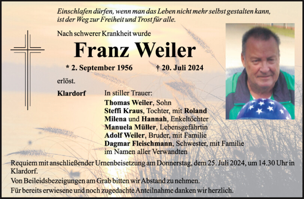  Traueranzeige für Franz Weiler vom 23.07.2024 aus Mittelbayerische Zeitung Schwandorf