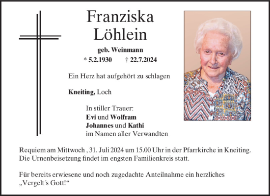 Traueranzeige von Franziska Löhlein von Mittelbayerische Zeitung Regensburg