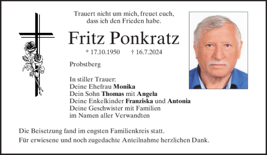 Traueranzeige von Fritz Ponkratz von Mittelbayerische Zeitung Regensburg