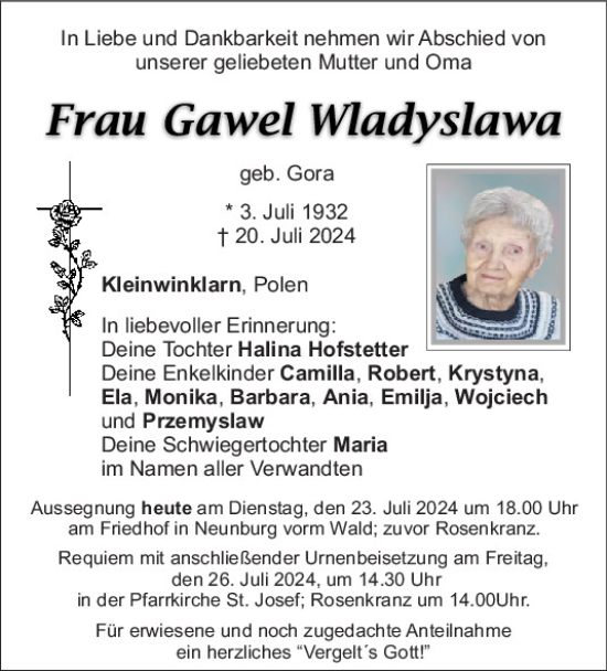Traueranzeige von Gawel Wladyslawa von Mittelbayerische Zeitung Schwandorf